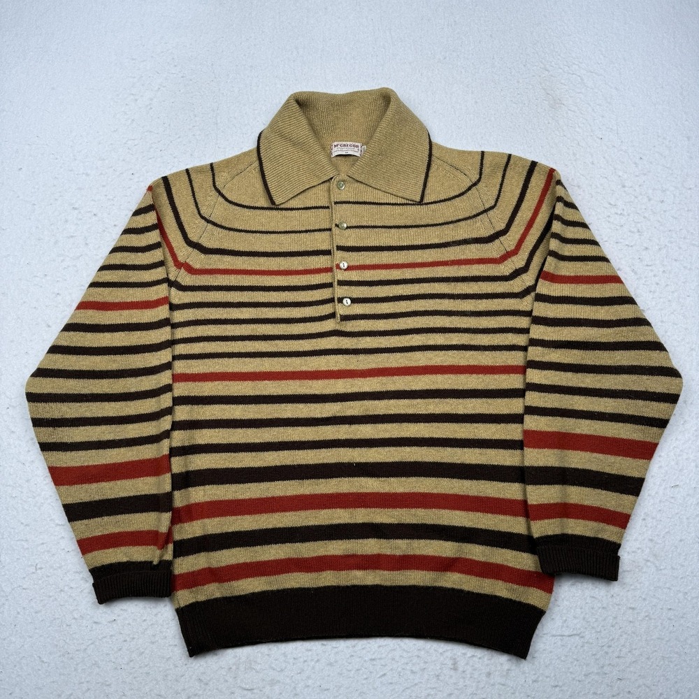 Vintage McGregor Sweater Mens Medium Beige Striped Lambswool Polo Made USA
